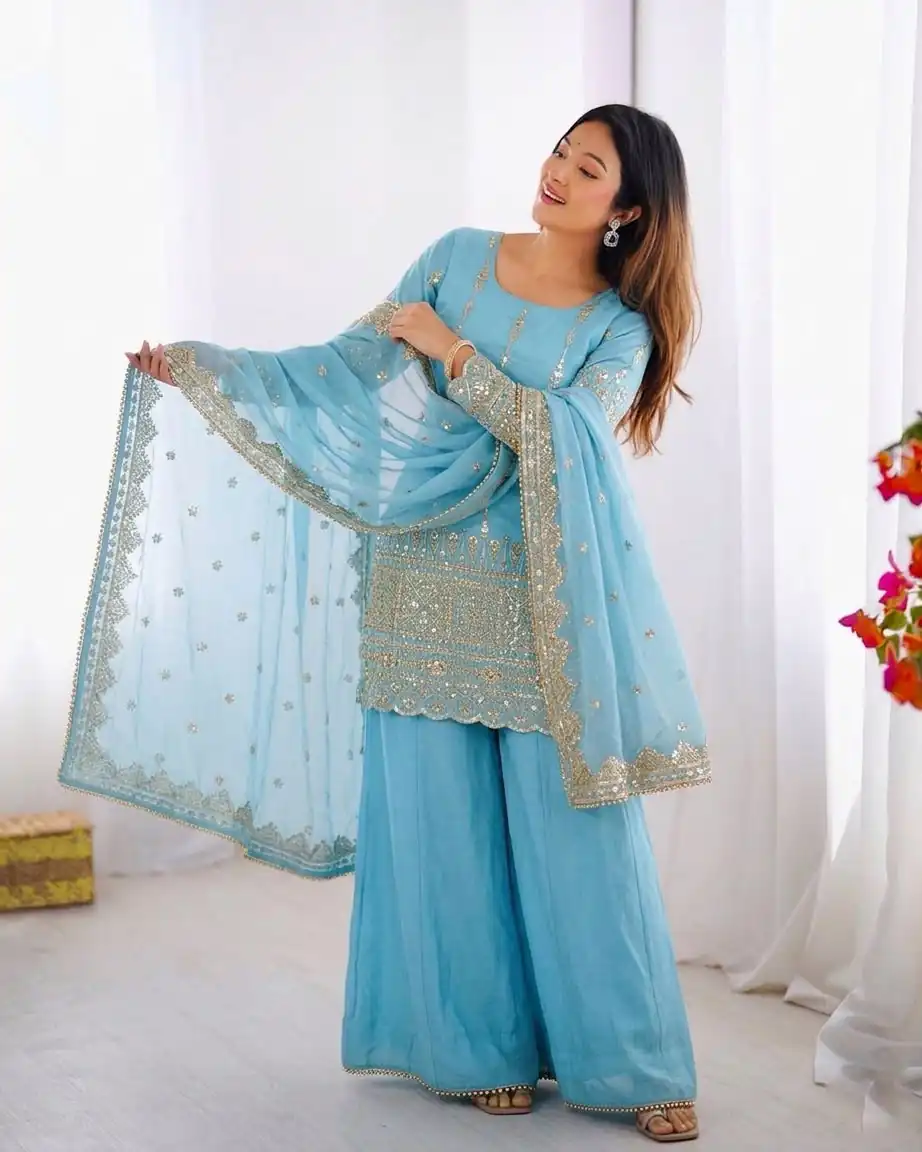 Super Sky Blue Vichitra Silk Sequence Work Salwar Suit - Image 5
