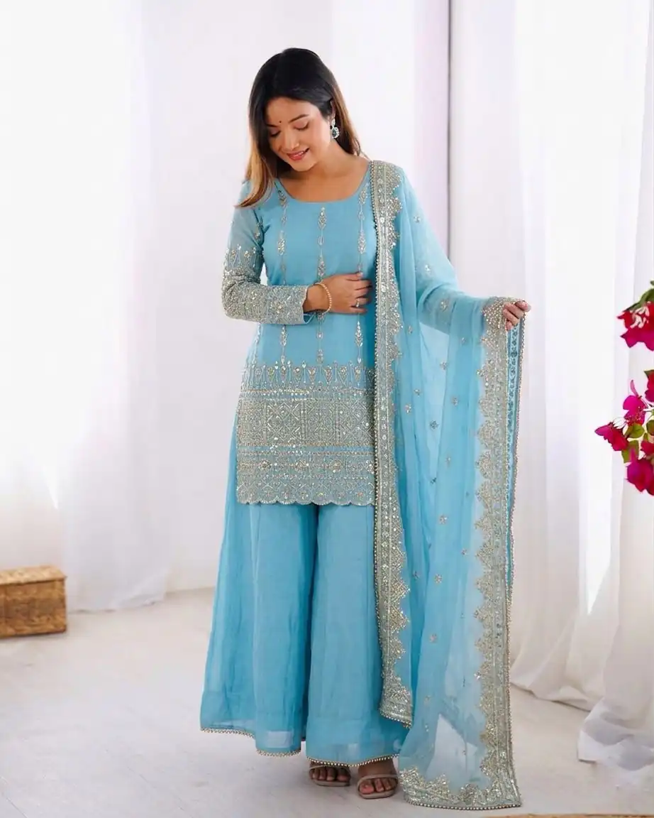 Super Sky Blue Vichitra Silk Sequence Work Salwar Suit - Image 4