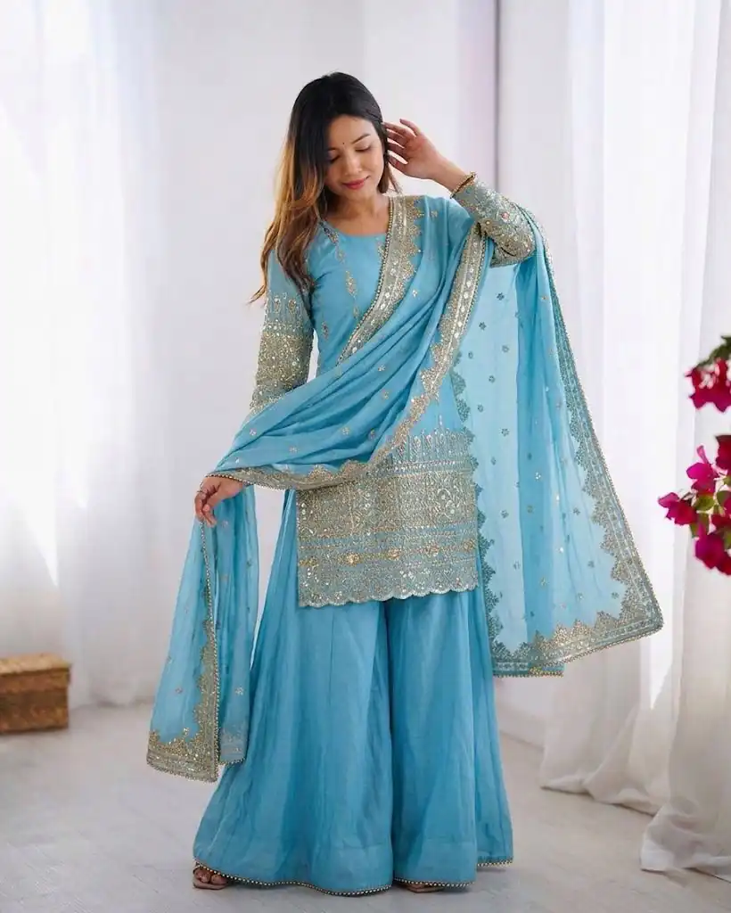 Super Sky Blue Vichitra Silk Sequence Work Salwar Suit - Image 3