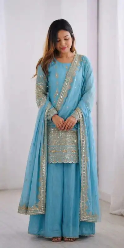 Super Sky Blue Vichitra Silk Sequence Work Salwar Suit