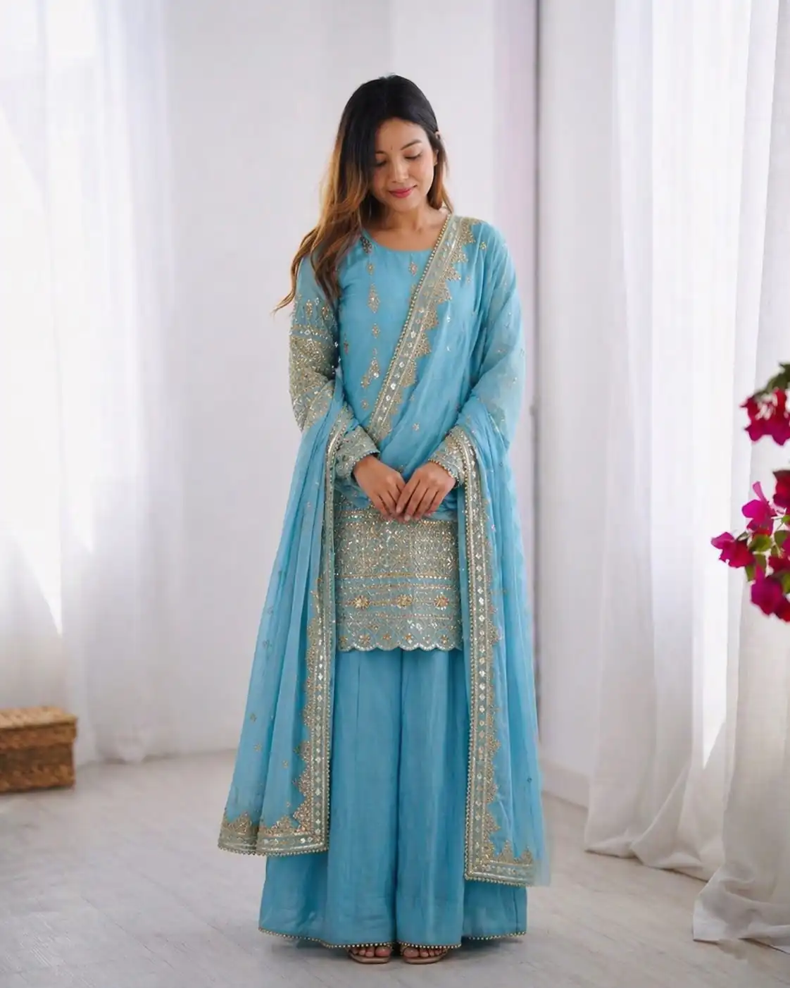 Super Sky Blue Vichitra Silk Sequence Work Salwar Suit