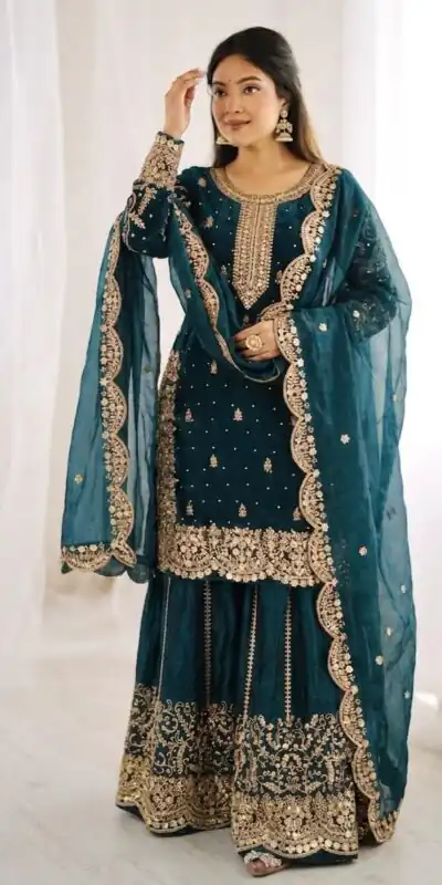 Super Teal Fendy Silk Embroider Work Salwar Suit