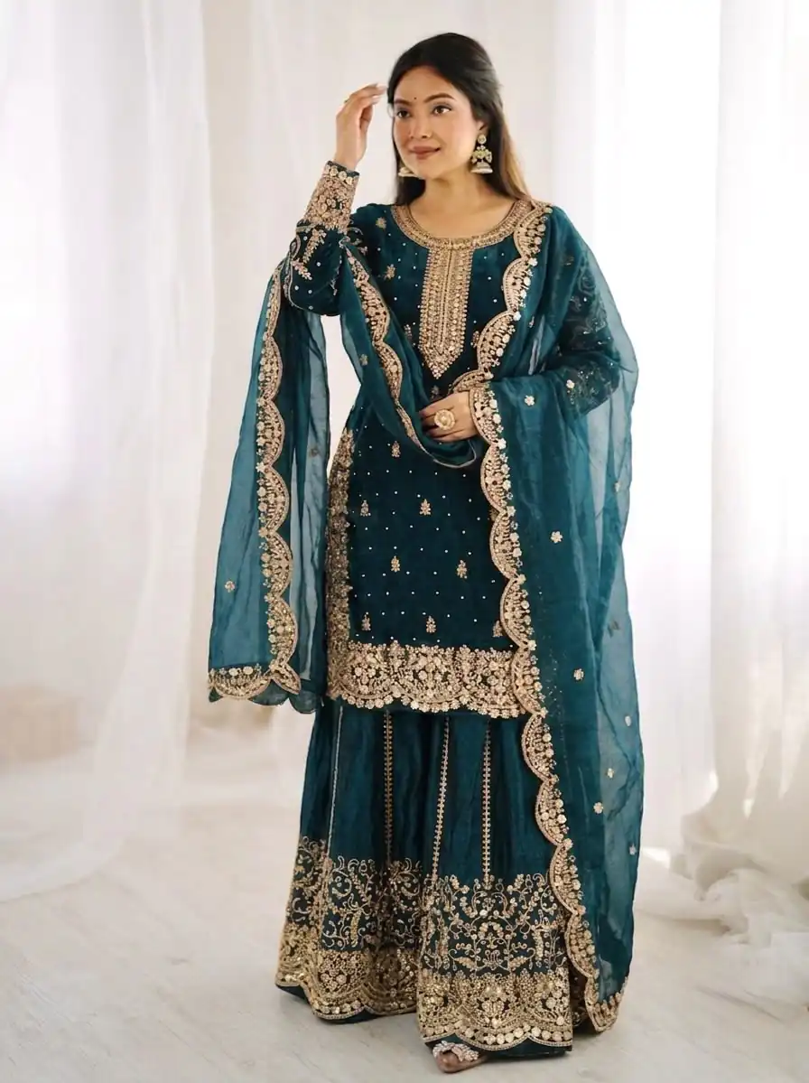 Super Teal Fendy Silk Embroider Work Salwar Suit