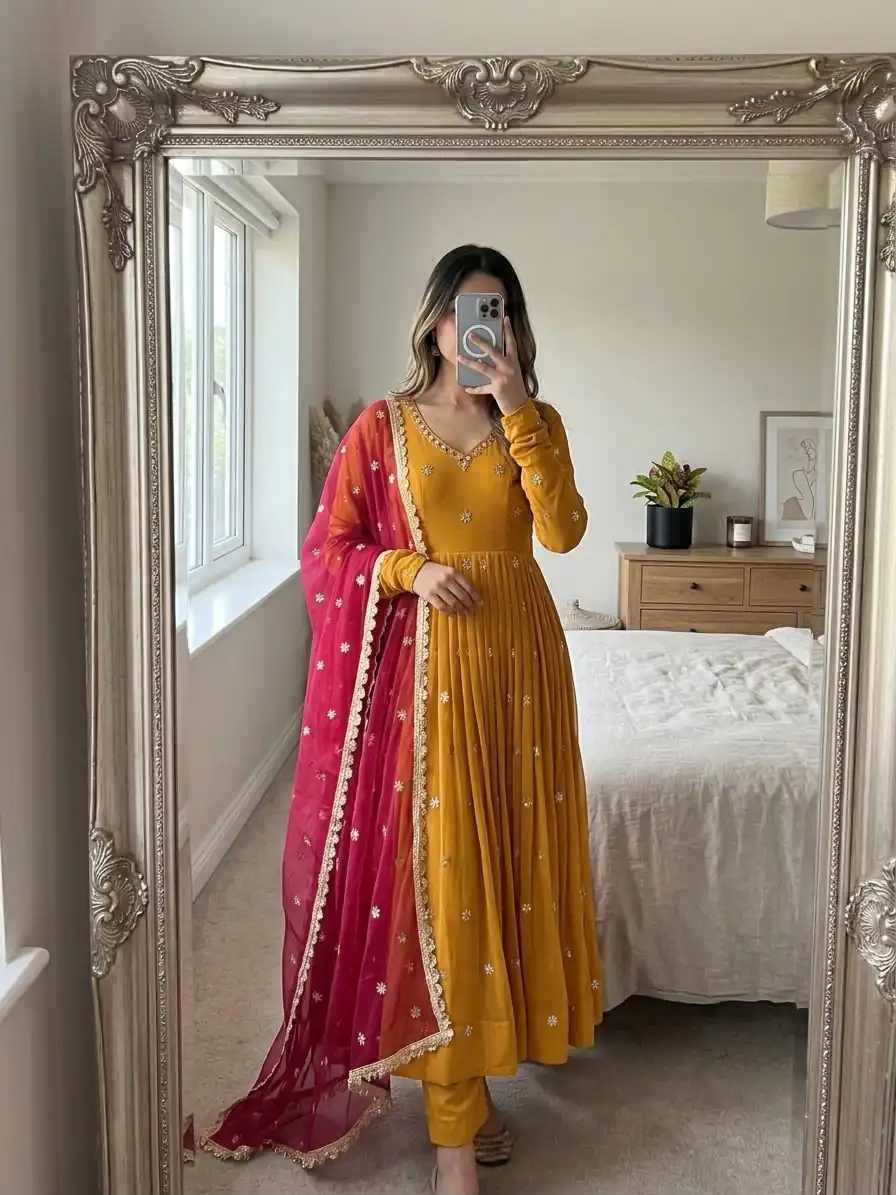 Super Yellow Faux Georgette Embroidery Work Salwar Suit - Image 4