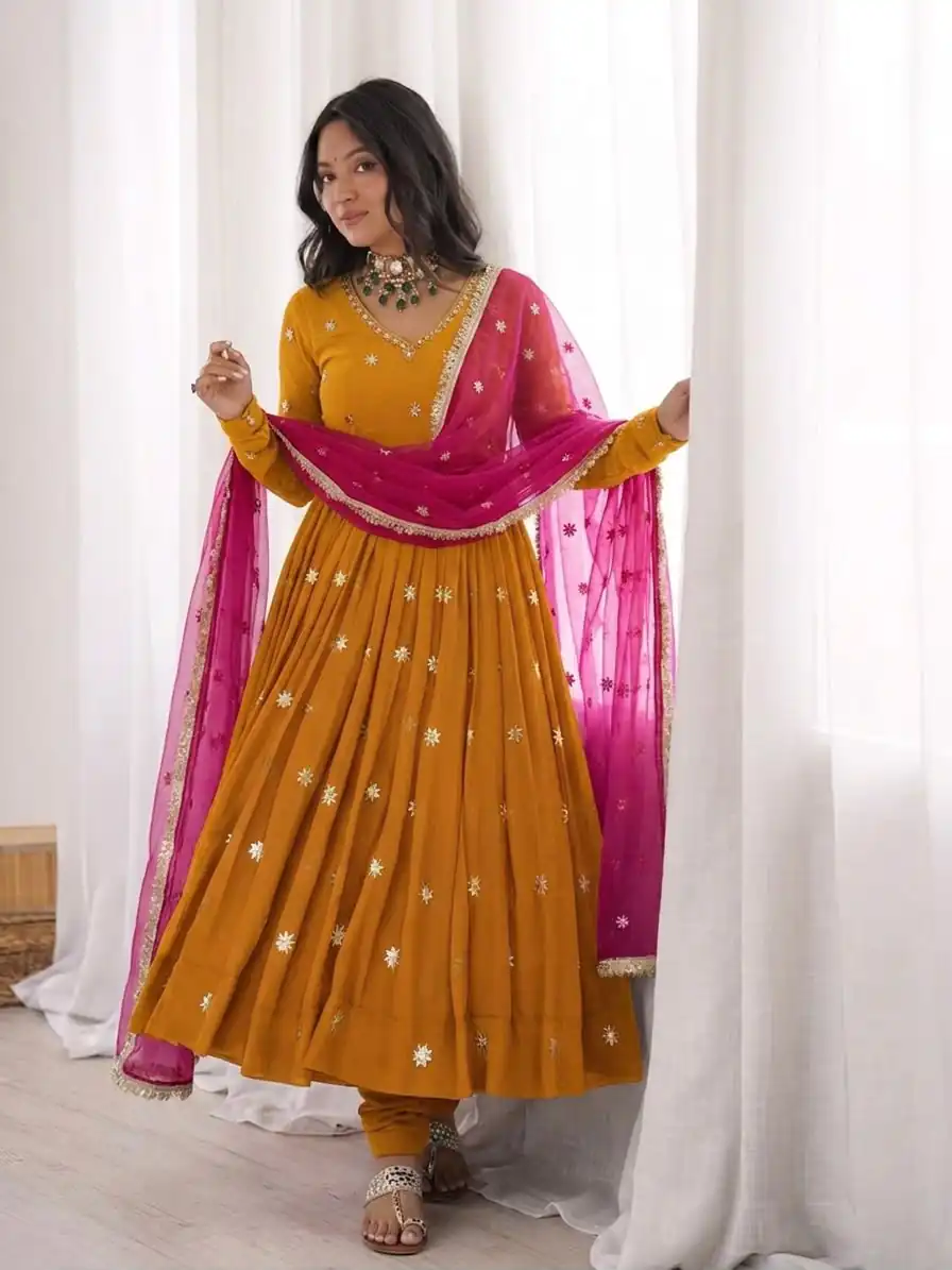 Super Yellow Faux Georgette Embroidery Work Salwar Suit - Image 3