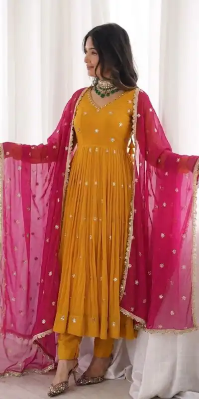 Alternative view of Super Yellow Faux Georgette Embroidery Work Salwar Suit
