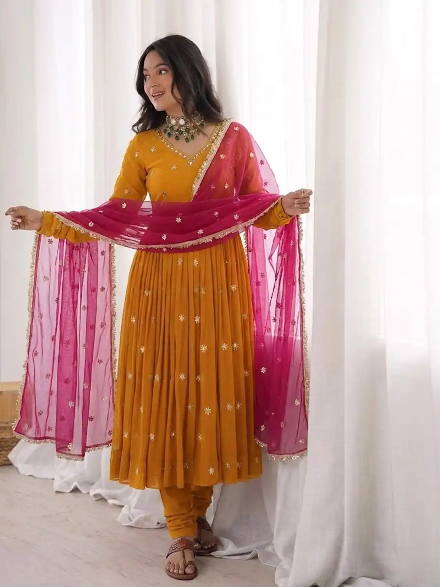 Super Yellow Faux Georgette Embroidery Work Salwar Suit