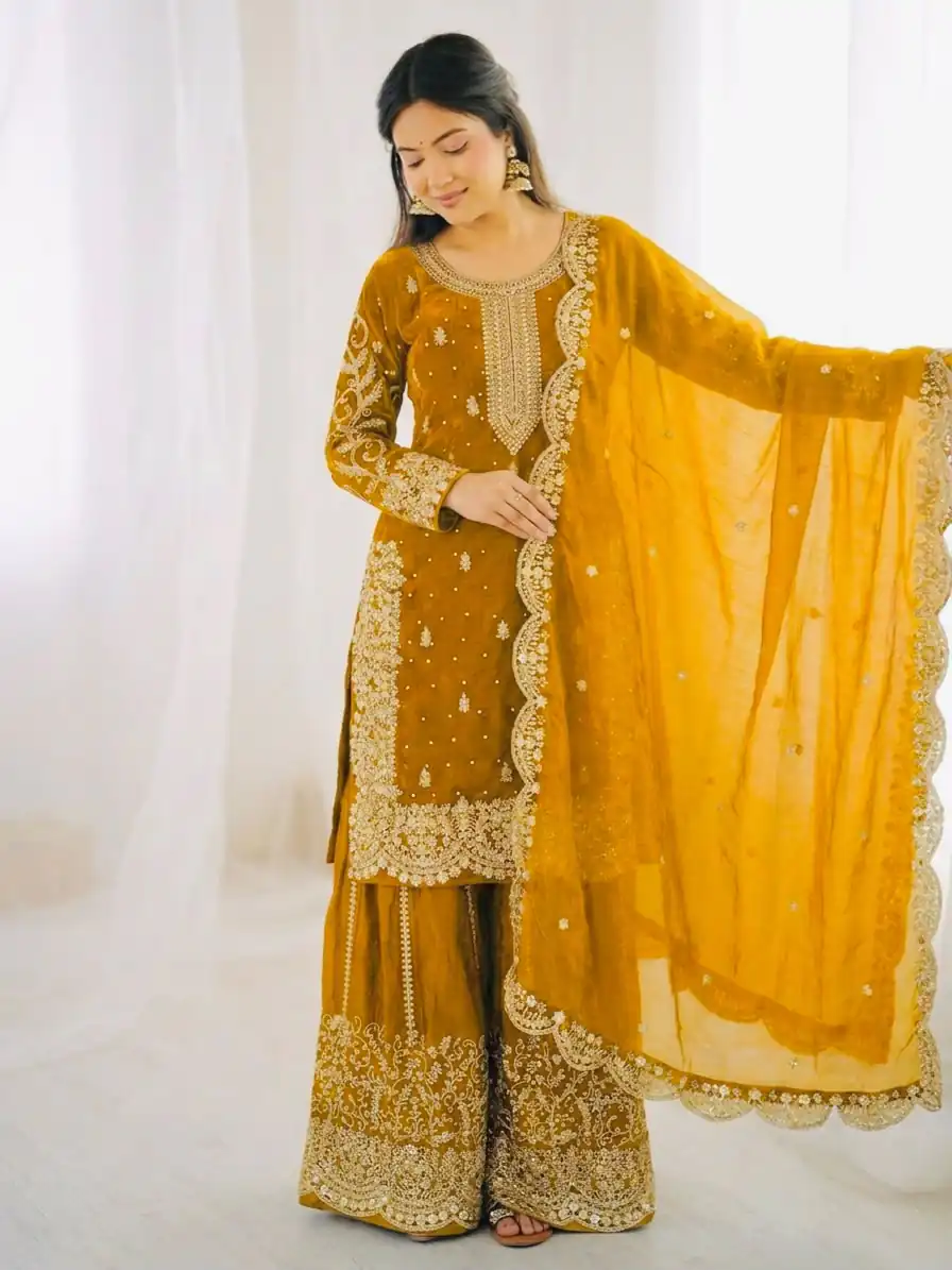 Super Yellow Fendy Silk Embroidery Work Salwar Suit - Image 3