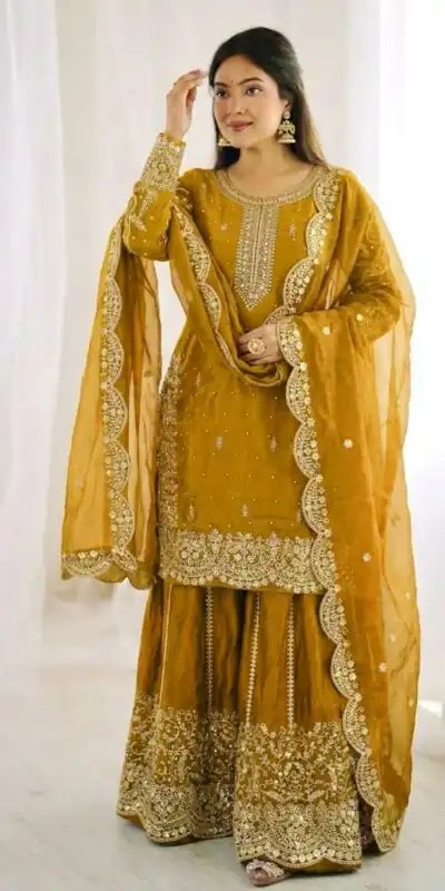 Super Yellow Fendy Silk Embroidery Work Salwar Suit
