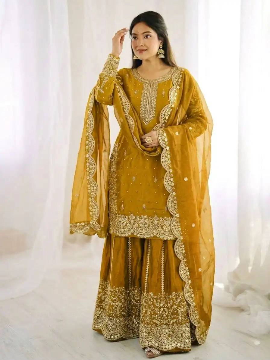 Super Yellow Fendy Silk Embroidery Work Salwar Suit