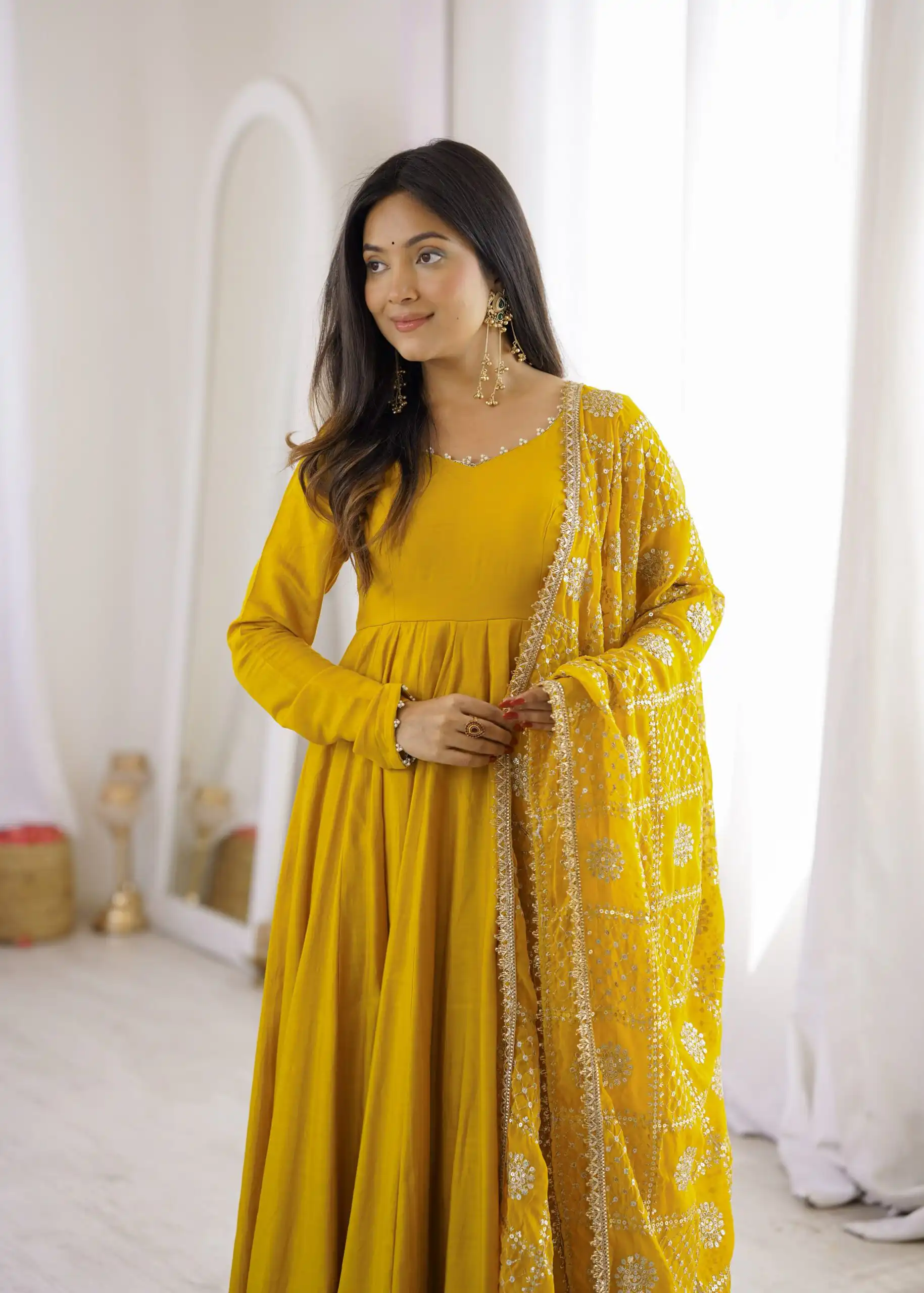 Super Yellow Roman Silk Chanderi Lace Work Anarkali Suit - Image 7