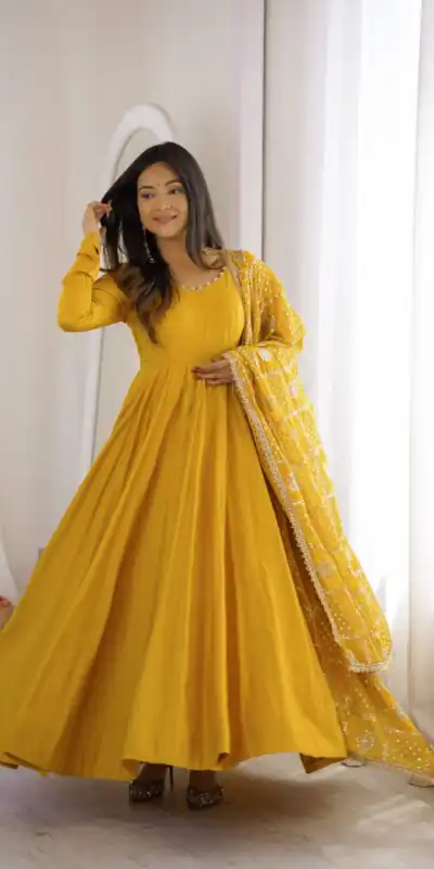 Alternative view of Super Yellow Roman Silk Chanderi Lace Work Anarkali Suit