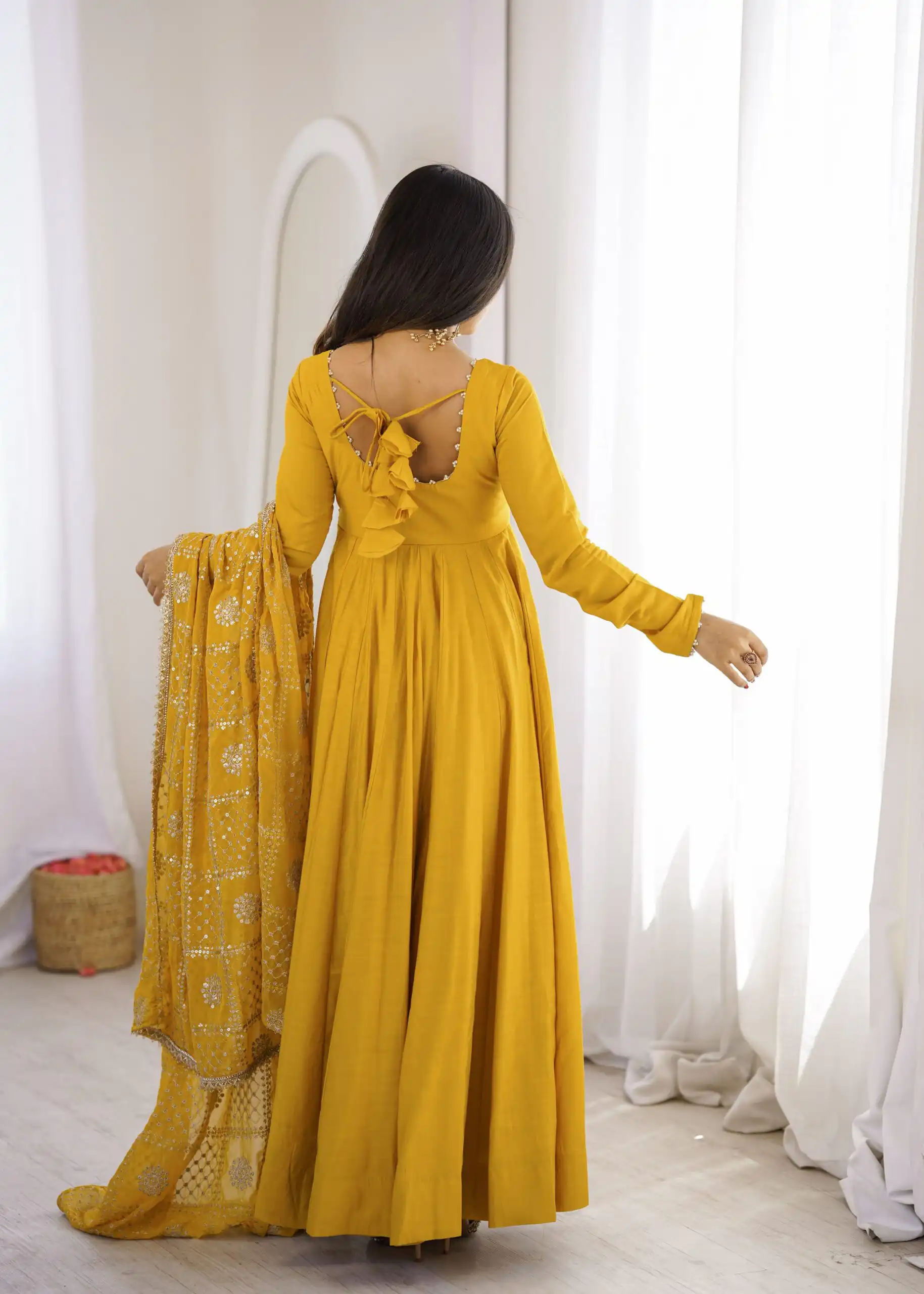 Super Yellow Roman Silk Chanderi Lace Work Anarkali Suit - Image 9