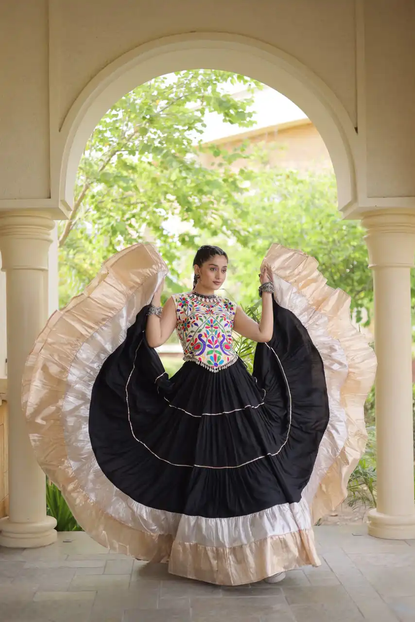 Trendy Black Rayon Embroider Kutchi Work Lehenga Choli
