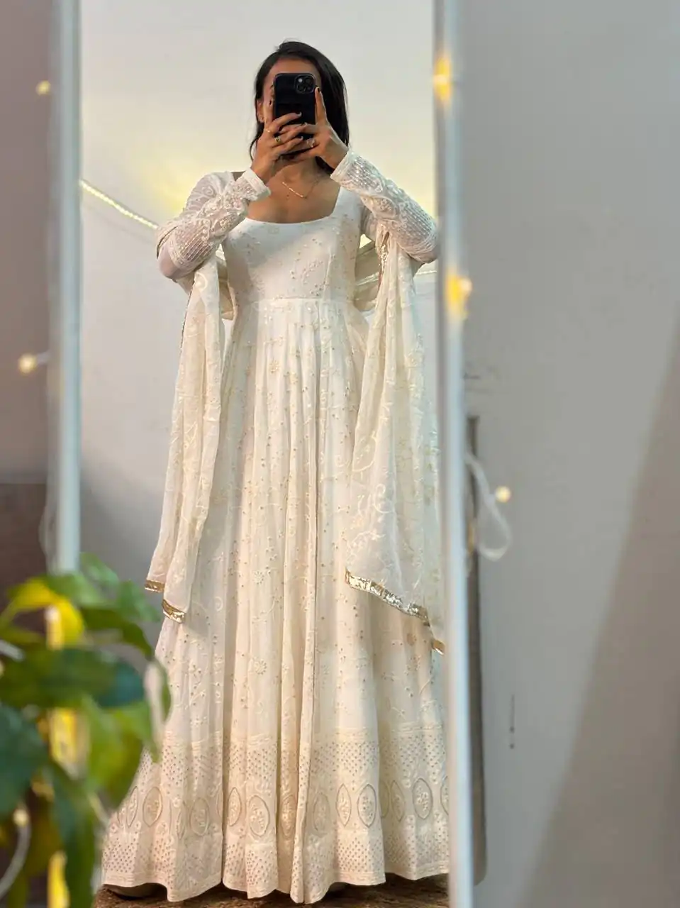 Trendy White Slim Georgette Sequins Work Anarkali Suit