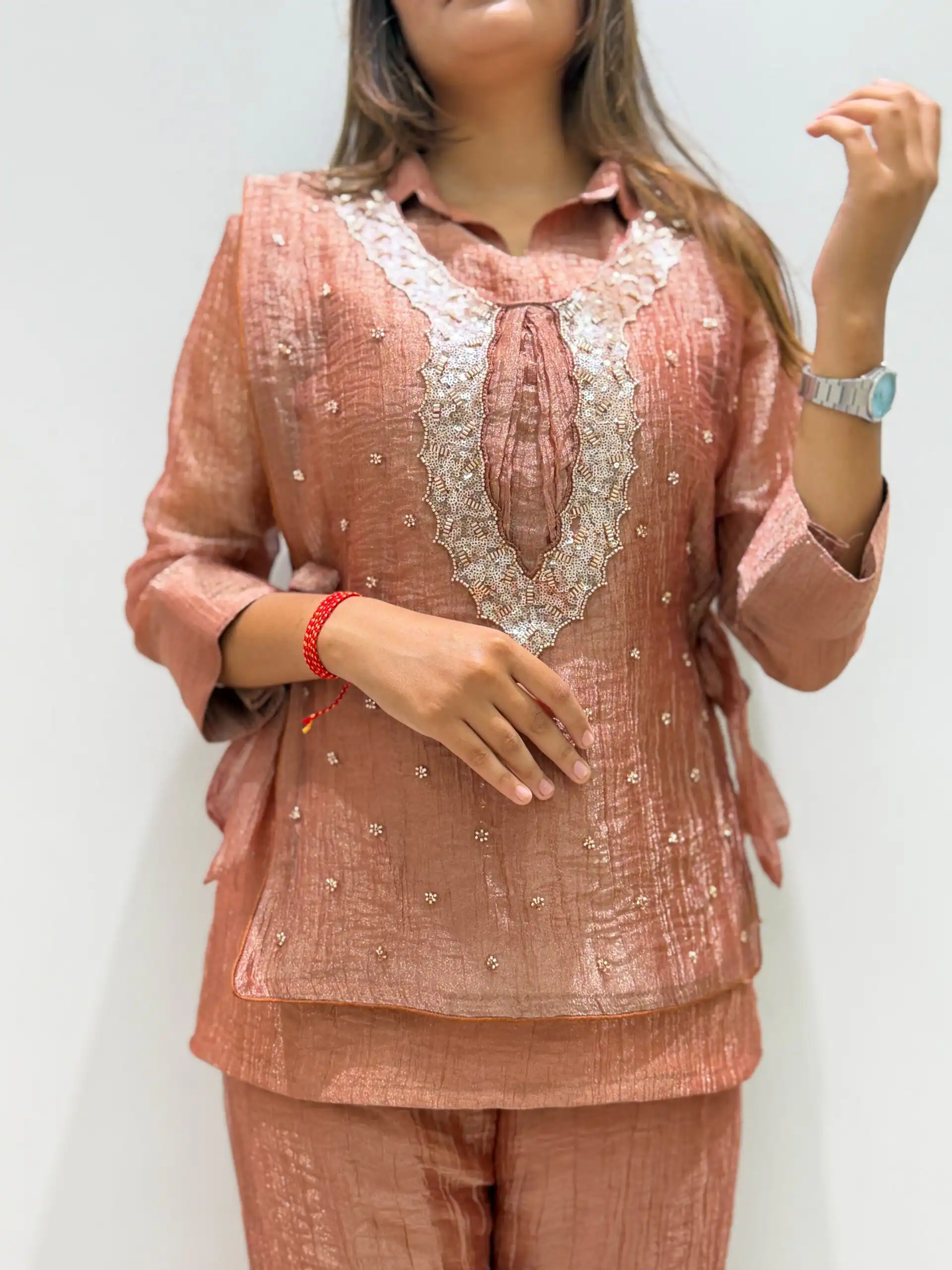 Unique Rust Salsa Silk Hand Work Kurti - Image 3