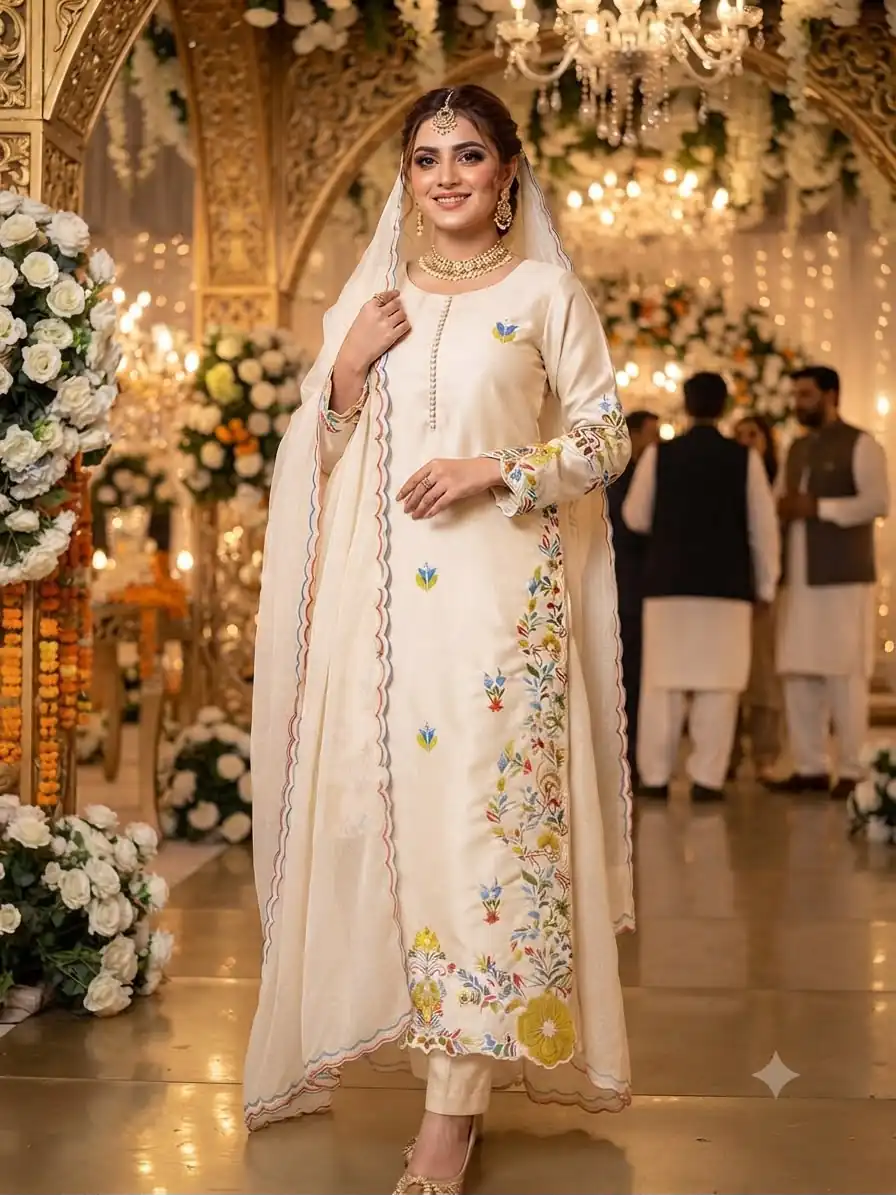Beautiful Off White Glass Roman Embroidery Work Salwar Suit