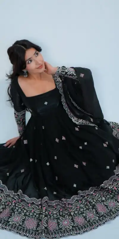 ST 1196 Black Color Fendy Satin Gown with Lace Work & Embroidery Work. Get it for ₹2699. Delivery 4-6 Working Days. Shop now. | Gowns, Bollywood Gowns, Creative Gowns, Designer Gowns, Embroidered Gowns, Party Wear Gowns, Salwar suit