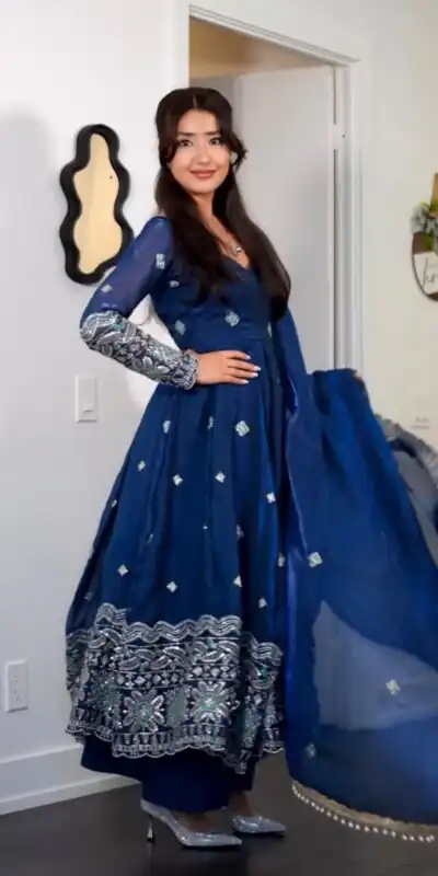 ST 1196 Blue Color Fendy Satin Gown with Lace Work & Embroidery Work. Get it for ₹2699. Delivery 4-6 Working Days. Shop now. | Gowns, Bollywood Gowns, Creative Gowns, Designer Gowns, Embroidered Gowns, Party Wear Gowns