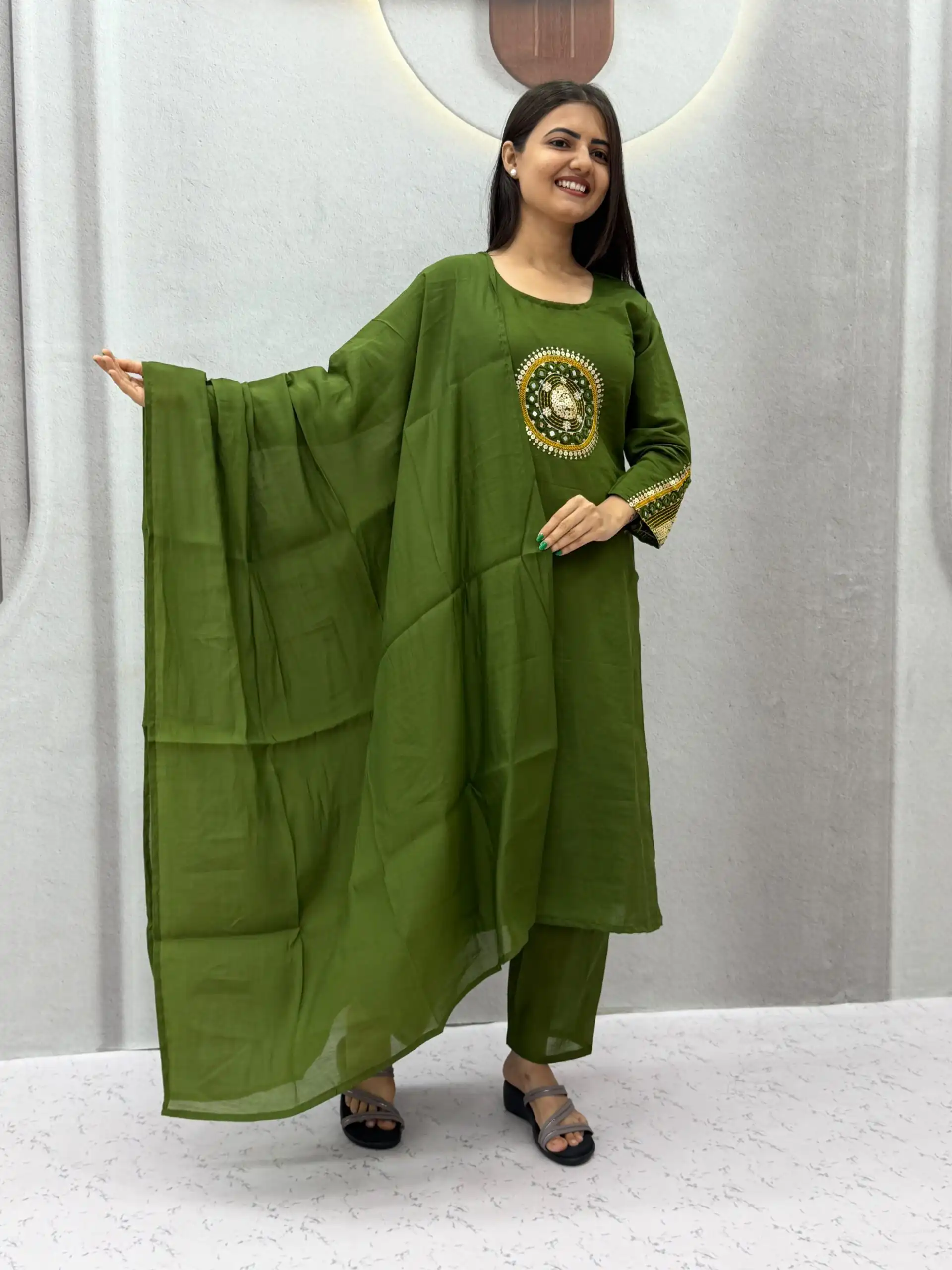 PC 598 Green Roman Silk Salwar Suit with Sequins Work & Embroidery Work. Available at ₹2099 only. Delivery 4-6 Working Days. Shop now. | Jump Suits, Salwar suit, Designer Suits, Casual Suits, Creative suits, Palazzo Suits, Party Wear Suits, Patiala Suits, Straight Suits