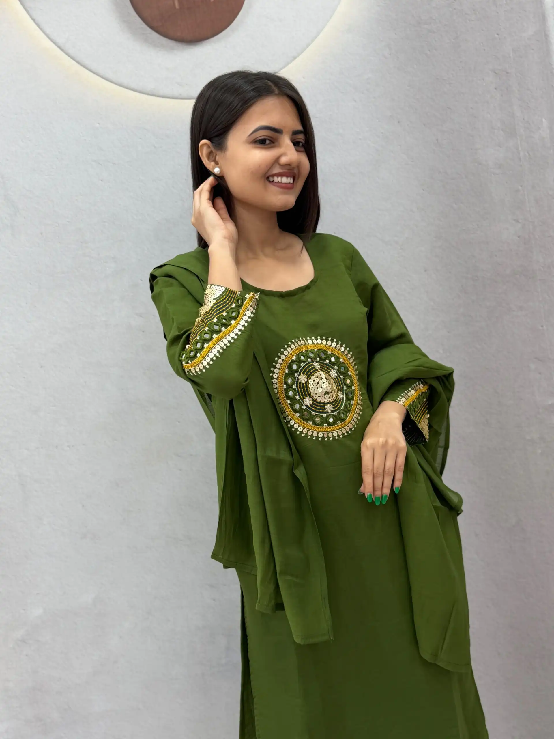 PC 598 Green Roman Silk Salwar Suit with Sequins Work & Embroidery Work. Available at ₹2099 only. Delivery 4-6 Working Days. Shop now. | Jump Suits, Salwar suit, Designer Suits, Casual Suits, Creative suits, Palazzo Suits, Party Wear Suits, Patiala Suits, Straight Suits