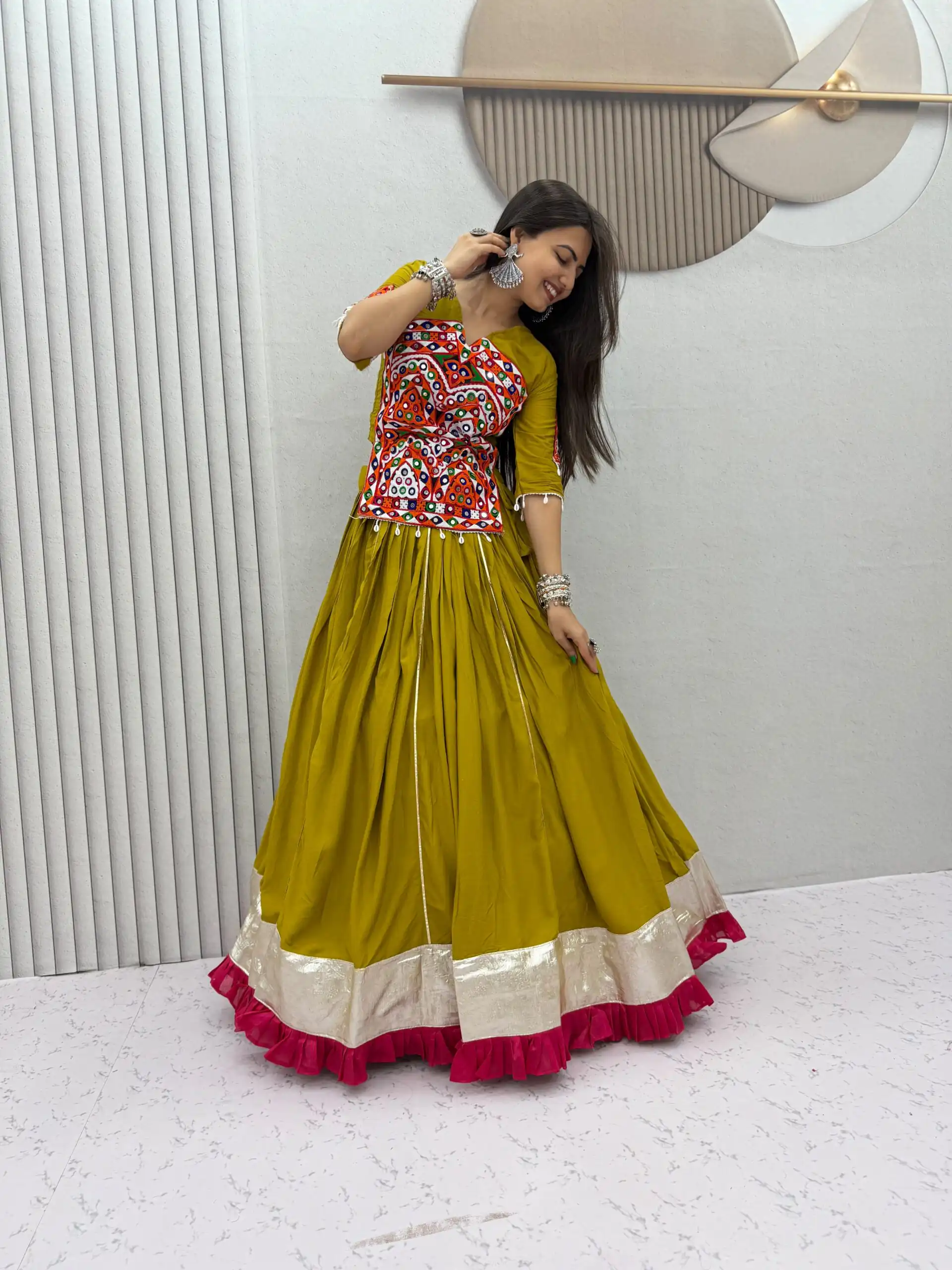 PC 595 Mustered in Pure Cotton Mirror Work & Gamthi Work Lehenga Choli . Exclusive Offer ₹3099. Delivery 4-6 Working Days. Shop now. | Lehenga, Bollywood Lehenga, Creative Lehenga, Designer Lehenga, Embroidered Lehenga, Party Wear Lehenga