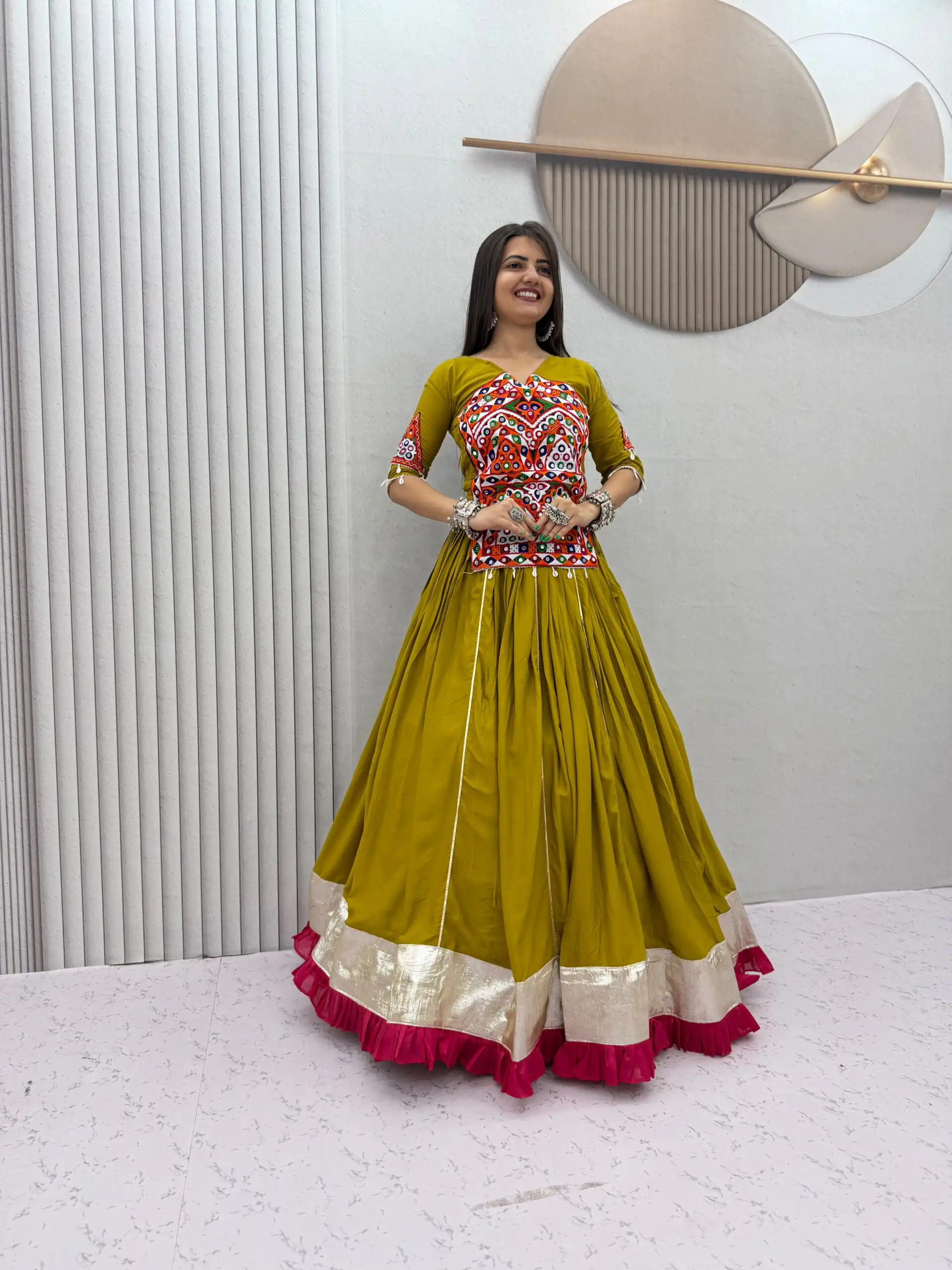 PC 595 Mustered in Pure Cotton Mirror Work & Gamthi Work Lehenga Choli . Exclusive Offer ₹3099. Delivery 4-6 Working Days. Shop now. | Lehenga, Bollywood Lehenga, Creative Lehenga, Designer Lehenga, Embroidered Lehenga, Party Wear Lehenga