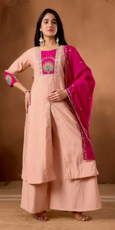 DIVA 150 Peach Roman Silk Salwar Suit with Sequins Work & Embroidery Work. Available at ₹2449 only. Delivery 4-6 Working Days. Shop now. | Jump Suits, Salwar suit, Designer Suits, Casual Suits, Creative suits, Palazzo Suits, Party Wear Suits, Patiala Suits, Straight Suits