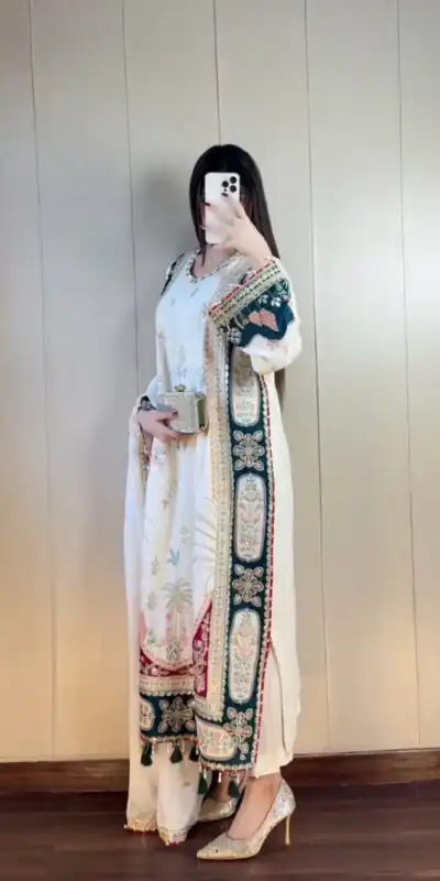 LG 2141 White Star Silk Salwar Suit with Embroidery Work & Sequins Work. Festive Deal ₹2999. Delivery 4-6 Working Days. Shop now. | Jump Suits, Salwar suit, Designer Suits, Casual Suits, Creative suits, Palazzo Suits, Party Wear Suits, Patiala Suits, Straight Suits