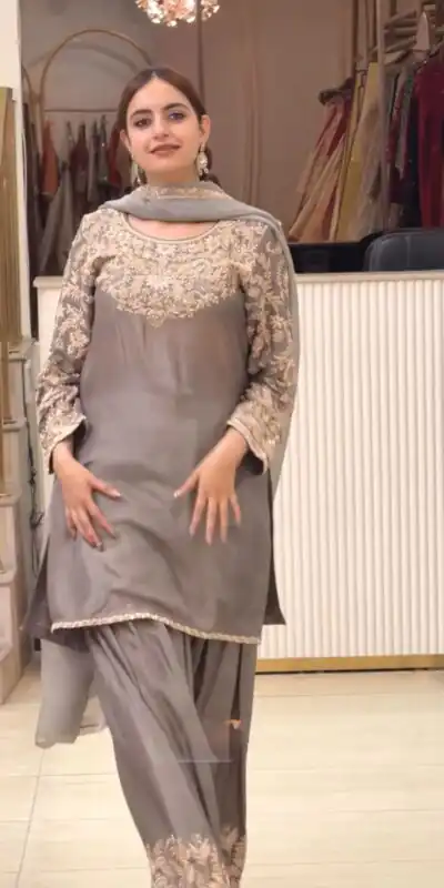 AD 242 Grey Color Chinon Silk Salwar Suit with Embroidery Work. Online Get it for ₹2249. Delivery 4-6 Working Days. Shop now. | Jump Suits, Salwar suit, Designer Suits, Casual Suits, Creative suits, Palazzo Suits, Party Wear Suits, Patiala Suits, Straight Suits