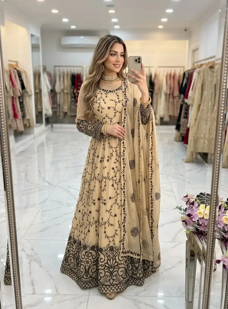 WW 1277 Cream Fox Perfect for Wedding, Party, Durga Puja, Diwali, Anniversary Georgette Gown. Now at just ₹2399. Delivery 4-6 Working Days. Shop now. | Gowns, Bollywood Gowns, Creative Gowns, Designer Gowns, Embroidered Gowns, Party Wear Gowns