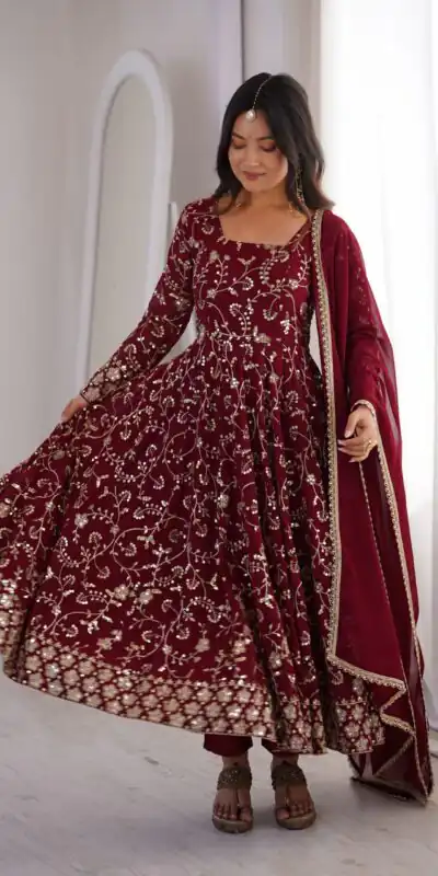 ZF 5024 Maroon Fox Perfect for Wedding, Party, Durga Puja, Diwali, Anniversary –Georgette Gown. Now at just ₹2399. Delivery 4-6 Working Days. Shop now. | Gowns, Bollywood Gowns, Creative Gowns, Designer Gowns, Embroidered Gowns, Party Wear Gowns