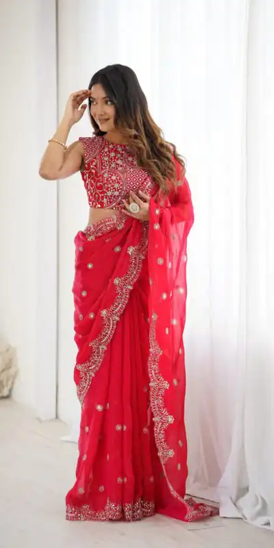 SP 88 Red Red Fendy Chiffon Saree with Embroidery Work & Sequins Work. Special Price ₹2149. Delivery 4-6 Working Days. Shop now. | Sarees, Bollywood Sarees, Creative Sarees, Designer Sarees, Embroidered Sarees, Ethnic Saree, Modern Digital sarees, Party Wear Sarees