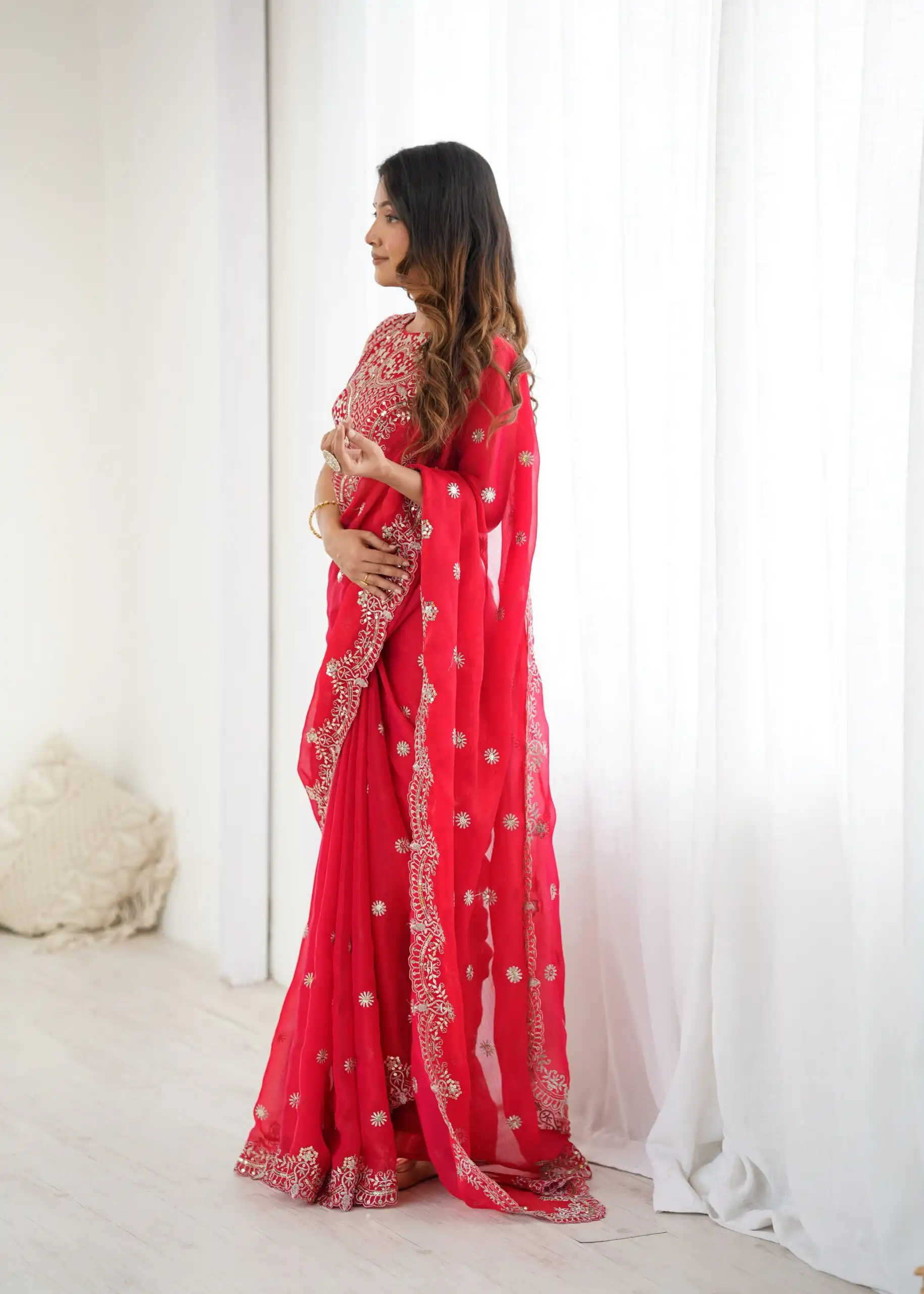SP 88 Red Red Fendy Chiffon Saree with Embroidery Work & Sequins Work. Special Price ₹2149. Delivery 4-6 Working Days. Shop now. | Sarees, Bollywood Sarees, Creative Sarees, Designer Sarees, Embroidered Sarees, Ethnic Saree, Modern Digital sarees, Party Wear Sarees