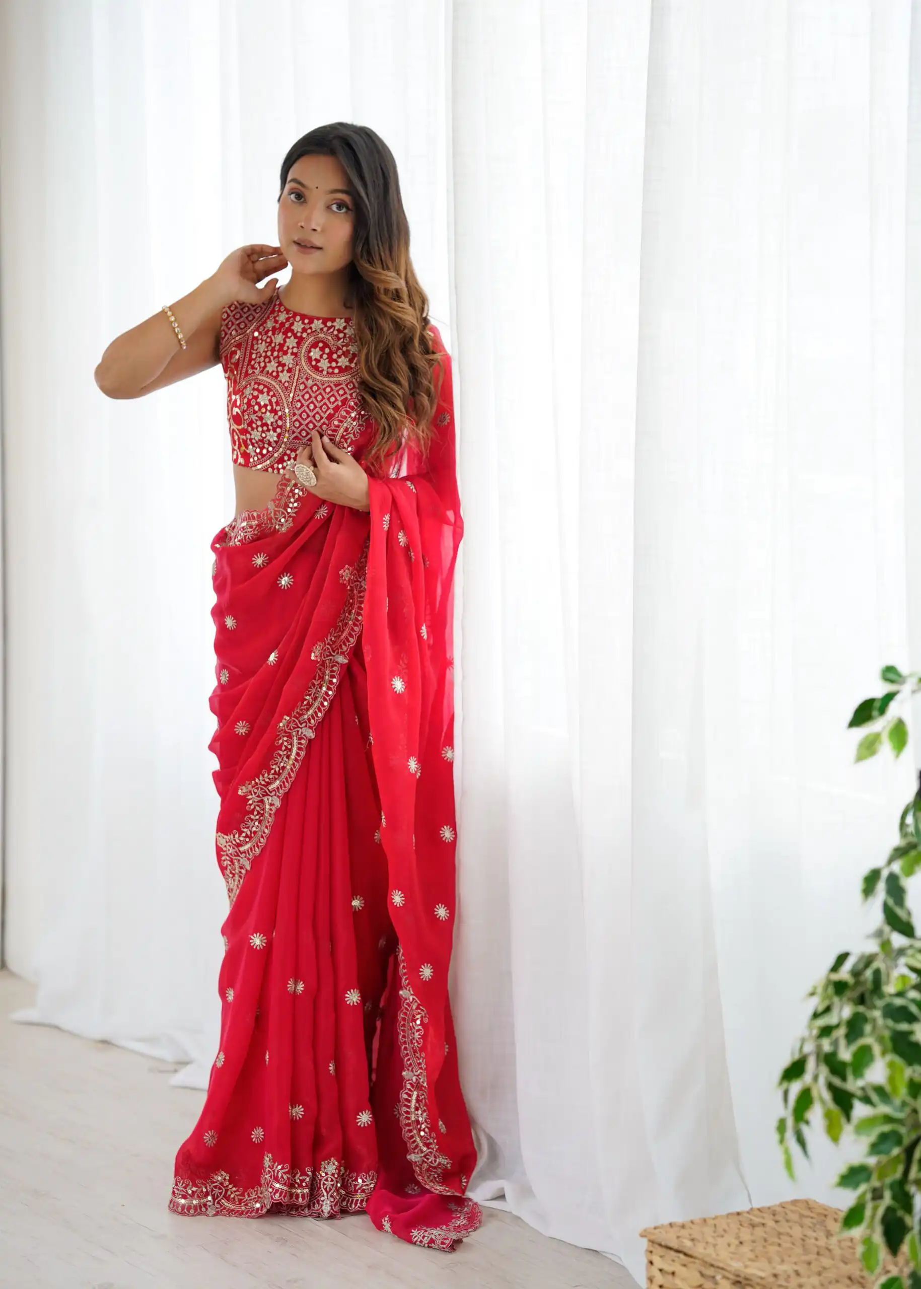SP 88 Red Red Fendy Chiffon Saree with Embroidery Work & Sequins Work. Special Price ₹2149. Delivery 4-6 Working Days. Shop now. | Sarees, Bollywood Sarees, Creative Sarees, Designer Sarees, Embroidered Sarees, Ethnic Saree, Modern Digital sarees, Party Wear Sarees