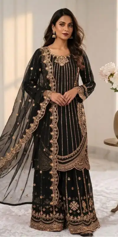 VLM 331 Black Faux Georgette Salwar Suit erfect for Wedding, Party, Mehendi, Pongal, Reception – . Available at ₹2449 only. Delivery 4-6 Working Days | Jump Suits, Salwar suit, Designer Suits, Casual Suits, Creative suits, Palazzo Suits, Party Wear Suits, Patiala Suits, Straight Suits