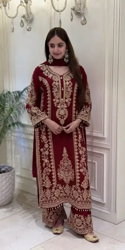 SRK 5365 Maroon Faux Georgette Salwar Suit erfect for Wedding, Party, Mehendi, Pongal, Reception – . Available at ₹2449 only. Delivery 4-6 Working Days | Jump Suits, Salwar suit, Designer Suits, Casual Suits, Creative suits, Palazzo Suits, Party Wear Suits, Patiala Suits, Straight Suits
