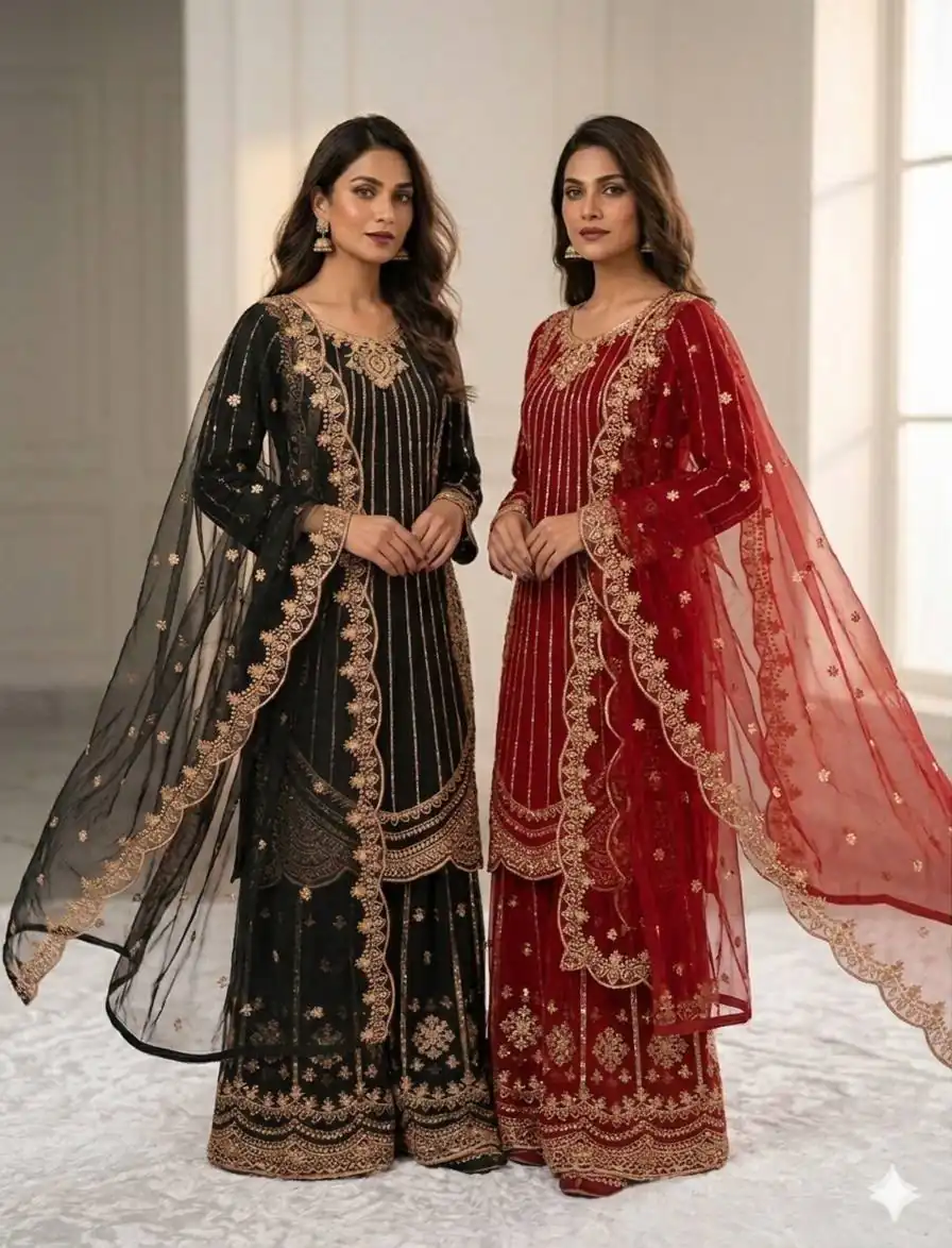 VLM 331 Red Faux Georgette Salwar Suit erfect for Wedding, Party, Mehendi, Pongal, Reception – . Available at ₹2449 only. Delivery 4-6 Working Days | Jump Suits, Salwar suit, Designer Suits, Casual Suits, Creative suits, Palazzo Suits, Party Wear Suits, Patiala Suits, Straight Suits