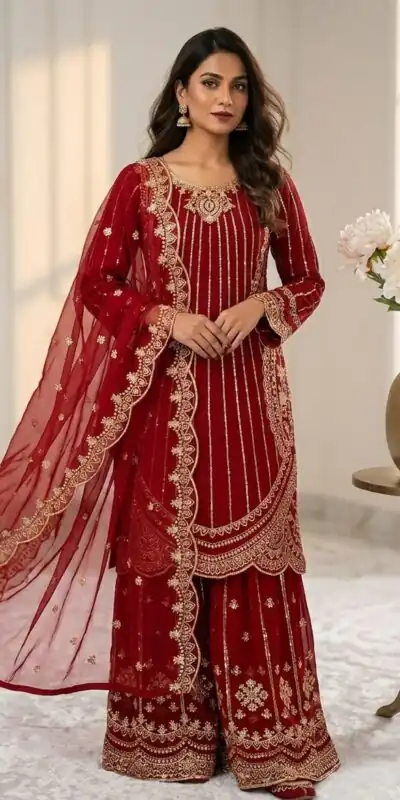 VLM 331 Red Faux Georgette Salwar Suit erfect for Wedding, Party, Mehendi, Pongal, Reception – . Available at ₹2449 only. Delivery 4-6 Working Days | Jump Suits, Salwar suit, Designer Suits, Casual Suits, Creative suits, Palazzo Suits, Party Wear Suits, Patiala Suits, Straight Suits
