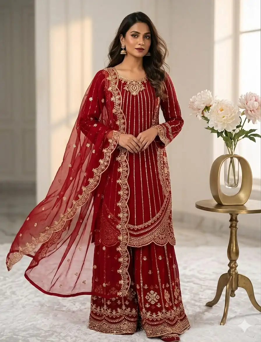 VLM 331 Red Faux Georgette Salwar Suit erfect for Wedding, Party, Mehendi, Pongal, Reception – . Available at ₹2449 only. Delivery 4-6 Working Days | Jump Suits, Salwar suit, Designer Suits, Casual Suits, Creative suits, Palazzo Suits, Party Wear Suits, Patiala Suits, Straight Suits