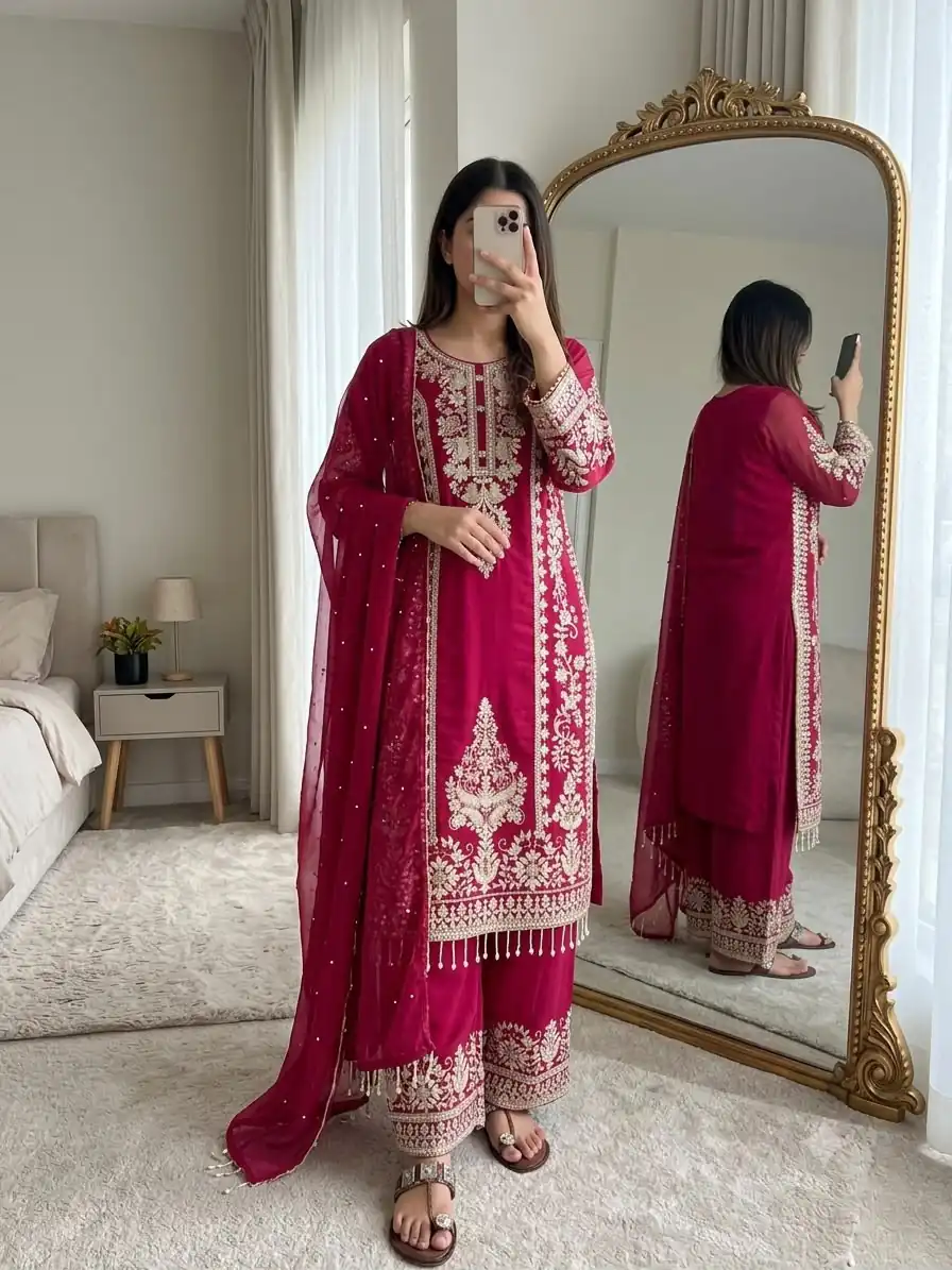 SRK 5365 Red Faux Georgette Salwar Suit erfect for Wedding, Party, Mehendi, Pongal, Reception – . Available at ₹2449 only. Delivery 4-6 Working Days | Jump Suits, Salwar suit, Designer Suits, Casual Suits, Creative suits, Palazzo Suits, Party Wear Suits, Patiala Suits, Straight Suits