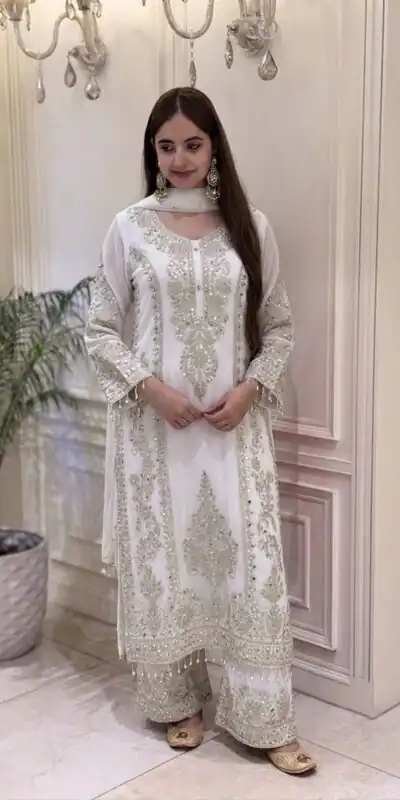 SRK 5365 White Faux Georgette Salwar Suit erfect for Wedding, Party, Mehendi, Pongal, Reception – . Available at ₹2449 only. Delivery 4-6 Working Days | Jump Suits, Salwar suit, Designer Suits, Casual Suits, Creative suits, Palazzo Suits, Party Wear Suits, Patiala Suits, Straight Suits