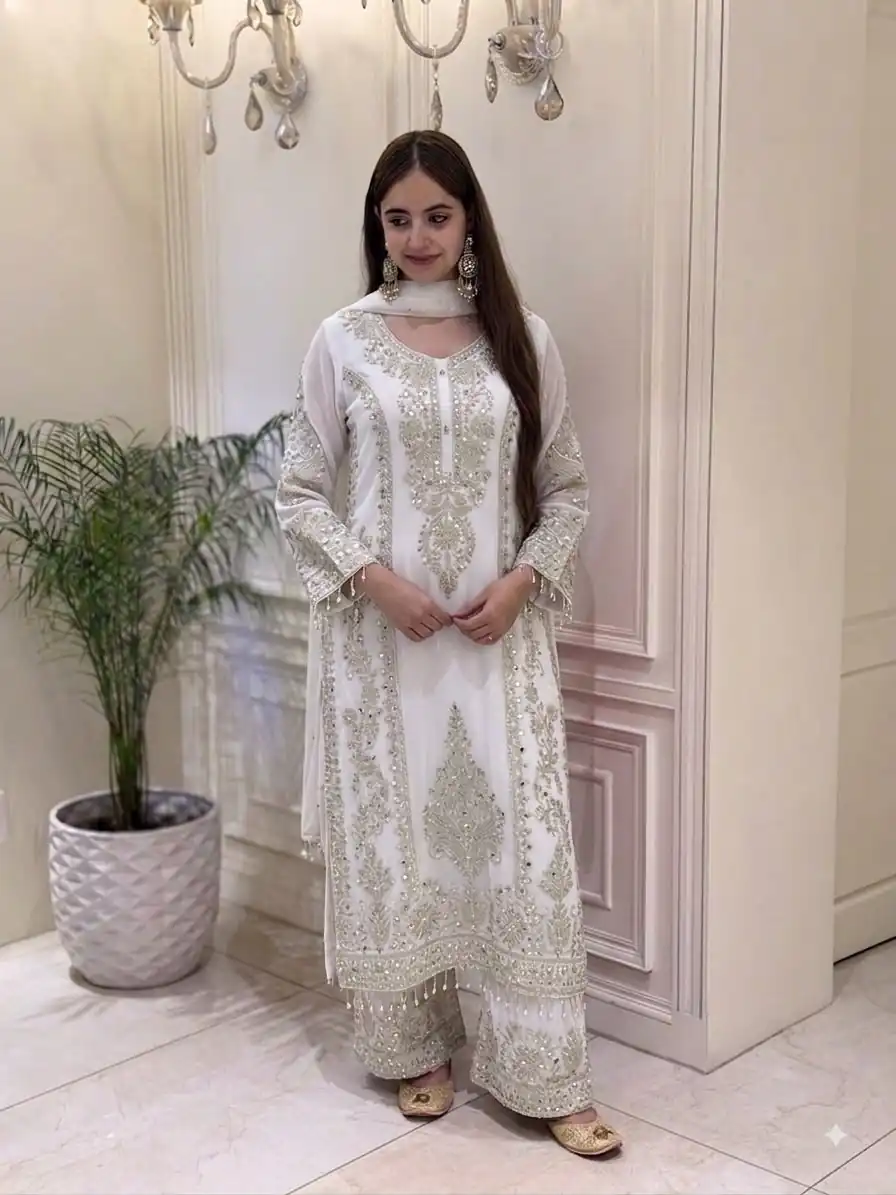 SRK 5365 White Faux Georgette Salwar Suit erfect for Wedding, Party, Mehendi, Pongal, Reception – . Available at ₹2449 only. Delivery 4-6 Working Days | Jump Suits, Salwar suit, Designer Suits, Casual Suits, Creative suits, Palazzo Suits, Party Wear Suits, Patiala Suits, Straight Suits