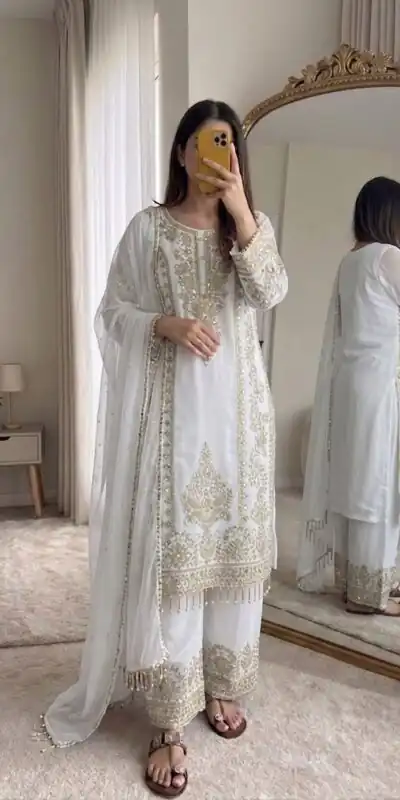 SRK 5365 White Faux Georgette Salwar Suit erfect for Wedding, Party, Mehendi, Pongal, Reception – . Available at ₹2449 only. Delivery 4-6 Working Days | Jump Suits, Salwar suit, Designer Suits, Casual Suits, Creative suits, Palazzo Suits, Party Wear Suits, Patiala Suits, Straight Suits