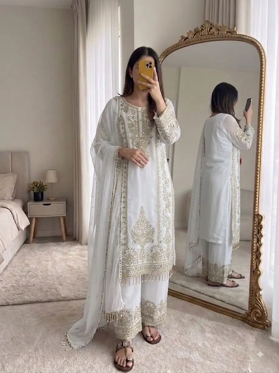 SRK 5365 White Faux Georgette Salwar Suit erfect for Wedding, Party, Mehendi, Pongal, Reception – . Available at ₹2449 only. Delivery 4-6 Working Days | Jump Suits, Salwar suit, Designer Suits, Casual Suits, Creative suits, Palazzo Suits, Party Wear Suits, Patiala Suits, Straight Suits