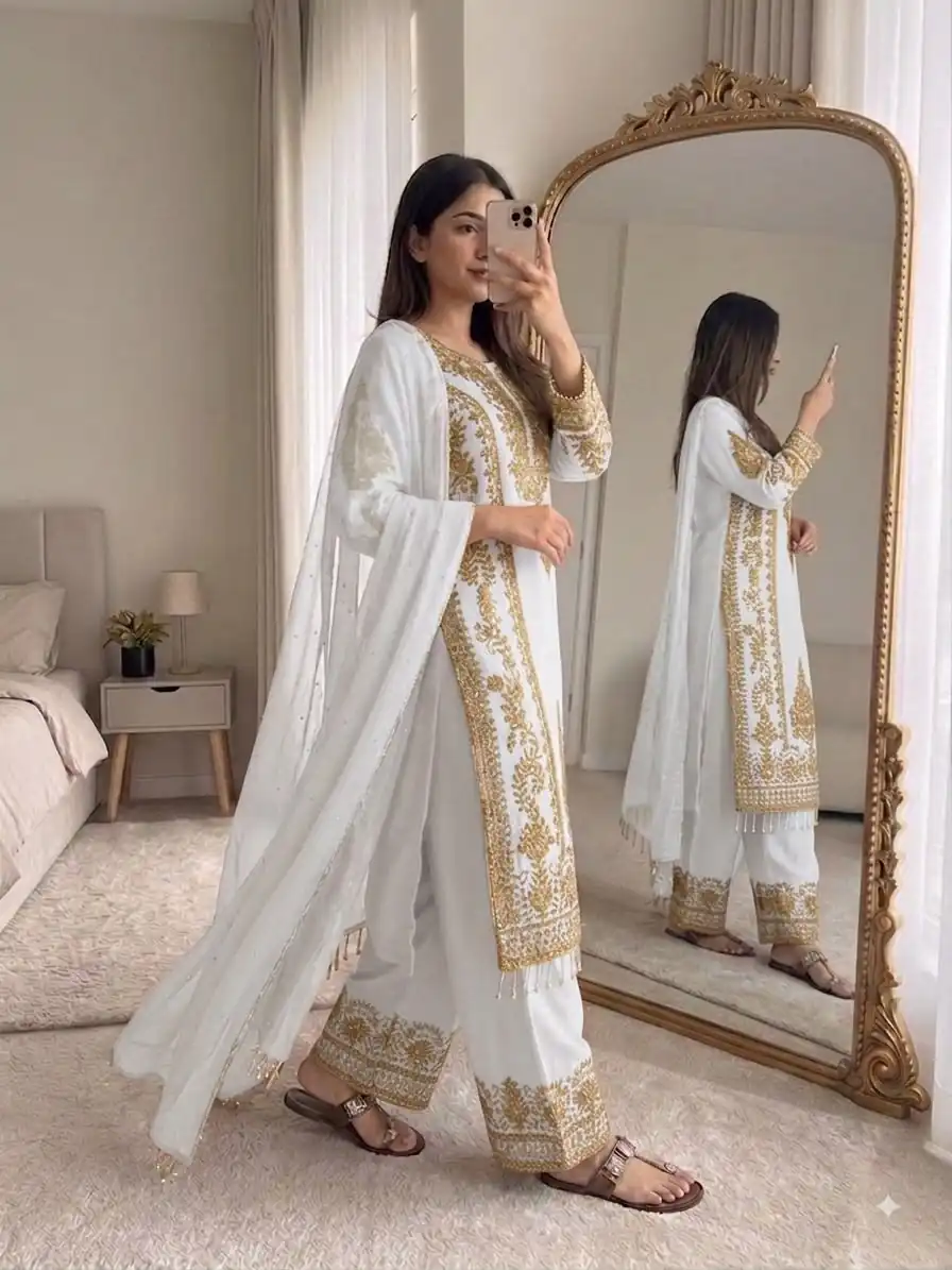 SRK 5365 White Faux Georgette Salwar Suit erfect for Wedding, Party, Mehendi, Pongal, Reception – . Available at ₹2449 only. Delivery 4-6 Working Days | Jump Suits, Salwar suit, Designer Suits, Casual Suits, Creative suits, Palazzo Suits, Party Wear Suits, Patiala Suits, Straight Suits