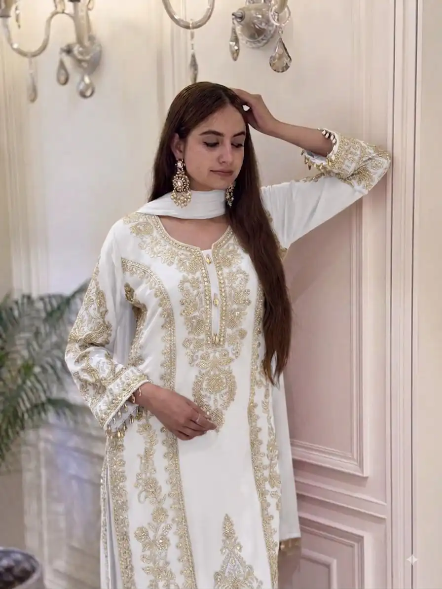 SRK 5365 White Faux Georgette Salwar Suit erfect for Wedding, Party, Mehendi, Pongal, Reception – . Available at ₹2449 only. Delivery 4-6 Working Days | Jump Suits, Salwar suit, Designer Suits, Casual Suits, Creative suits, Palazzo Suits, Party Wear Suits, Patiala Suits, Straight Suits