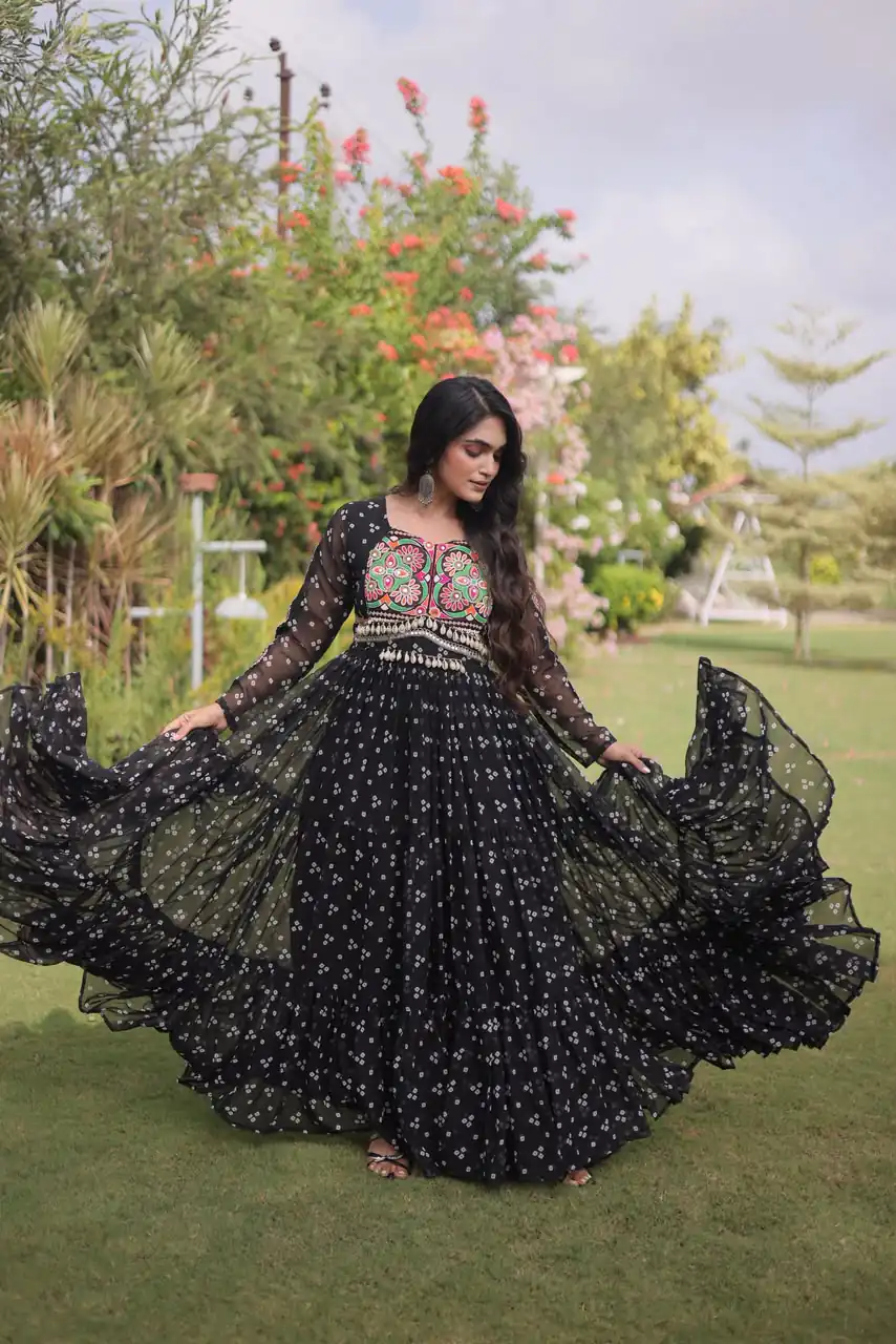 KA 1268 Black in Colour Faux Georgette Bandhani Print Work Gown. Available at ₹2119 only. Delivery 4-6 Working Days. Shop now. | Gowns, Bollywood Gowns, Creative Gowns, Designer Gowns, Embroidered Gowns, Party Wear Gowns