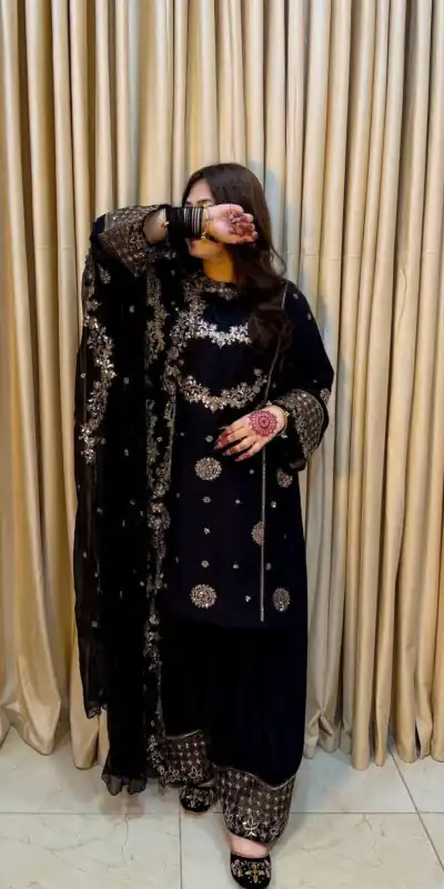 ST 251 Black Faux Georgette Salwar Suit with Mirror Work & Embroidery Work. Get it for ₹2349. Delivery 4-6 Working Days. Shop now. | Jump Suits, Salwar suit, Designer Suits, Casual Suits, Creative suits, Palazzo Suits, Party Wear Suits, Patiala Suits, Straight Suits