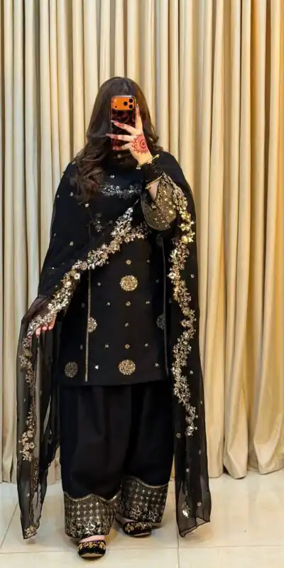 ST 251 Black Faux Georgette Salwar Suit with Mirror Work & Embroidery Work. Get it for ₹2349. Delivery 4-6 Working Days. Shop now. | Jump Suits, Salwar suit, Designer Suits, Casual Suits, Creative suits, Palazzo Suits, Party Wear Suits, Patiala Suits, Straight Suits